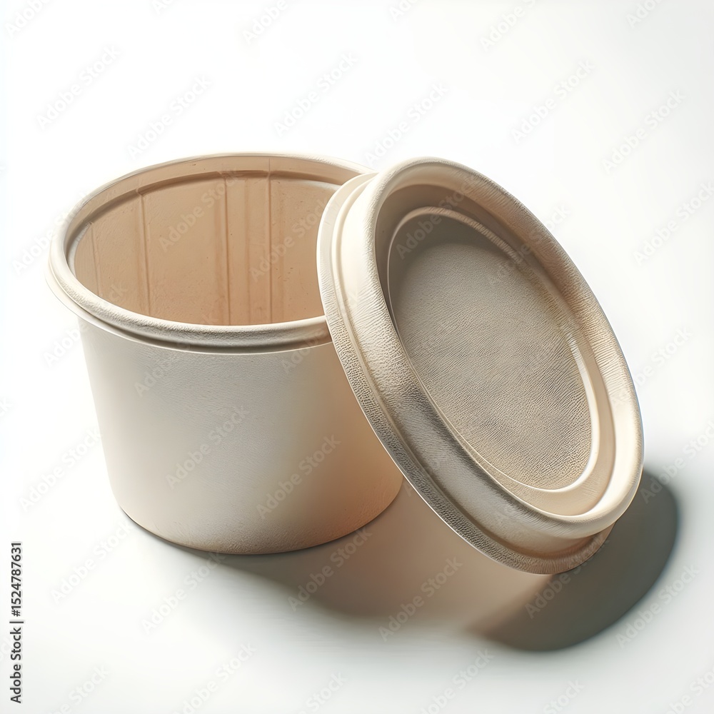 Poster eco-friendly compostable container with fiber texture and slightly opened lid isolated on white back
