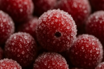 Macro close up of frozen cherries covered with ice crystals