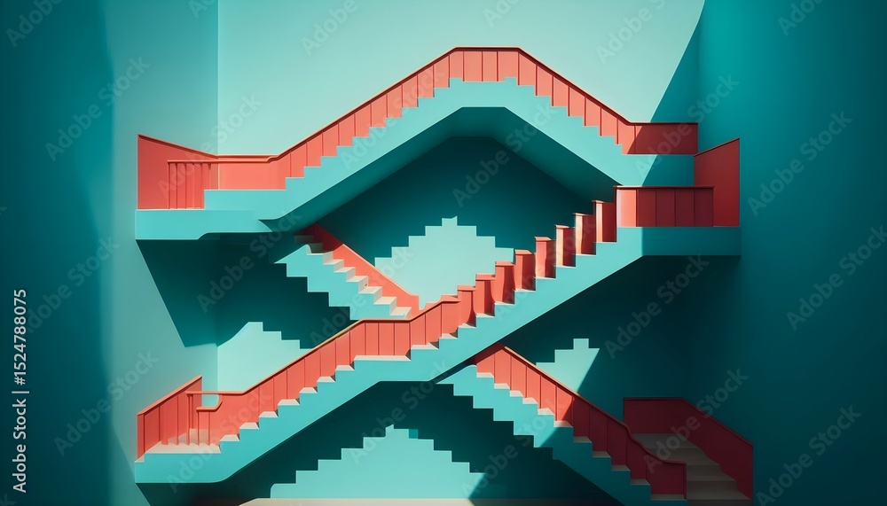 Poster colorful architectural stairs in zigzag pattern with strong shadow play and vibrant design emphasizi