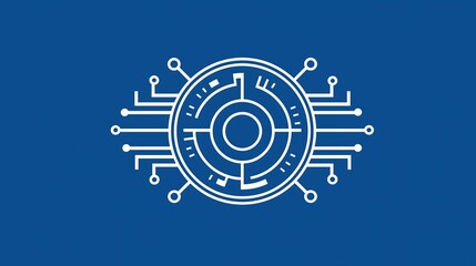 Abstract tech coin emblem of interconnected lines and shapes on azure backdrop, representing virtual currency integration in blockchain applications, financial dashboards, and digital payment systems