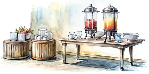 Watercolor Illustration of a Beverage Station with Wooden Stands and Drink Dispensers