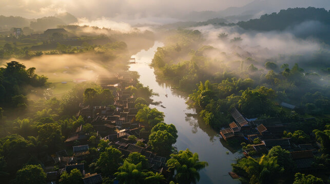 Misty river valley at dawn