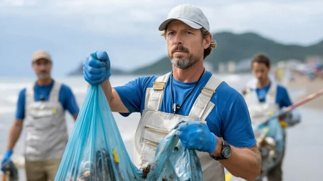 Collective Action: A group of dedicated individuals collaborates on a beach cleanup, embodying environmental responsibility and community spirit. They work together to collect and remove refuse.