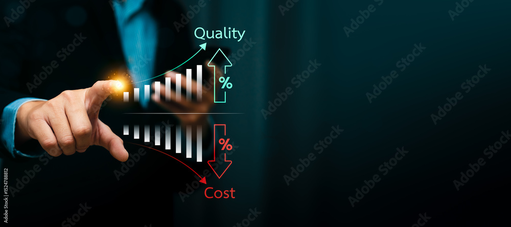 Aufkleber cost reduction and quality improvement concept with businessman hand pointing at digital chart showi