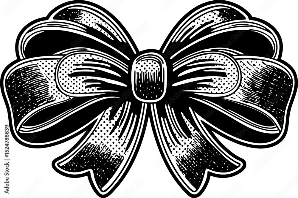 Poster grunge style bow ribbon design with halftone stipple effect isolated on transparent background