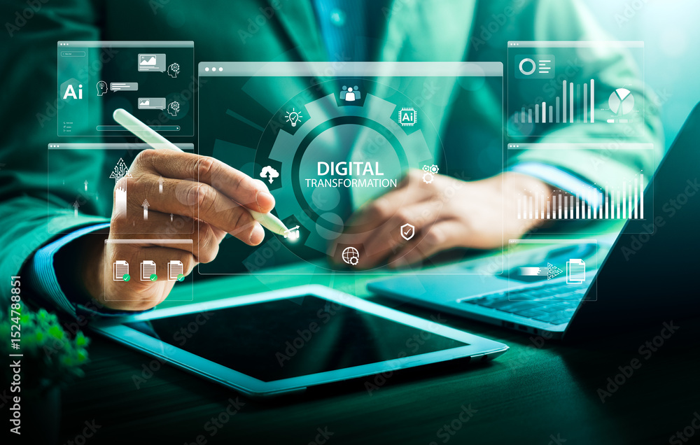 Aufkleber businessman using stylus to interact with digital transformation dashboard, surrounded by ai icons, 