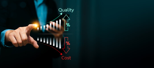 Cost reduction and quality improvement concept with businessman hand pointing at digital chart showing rising quality and declining cost indicators, business strategy for efficiency and productivity