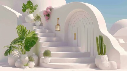Greek-Inspired White Stairs with Arch Door, 3D Boho Plants & Champagne Decor, Pastel Aesthetic for Modern Interior & Summer Mood