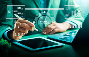 Businessman using stylus to interact with digital transformation dashboard, surrounded by AI icons,...