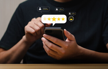 Customer feedback, online review concept with five star rating on smartphone screen, user experience, satisfaction evaluation for service or product, mobile rating, testimonial interaction UX design