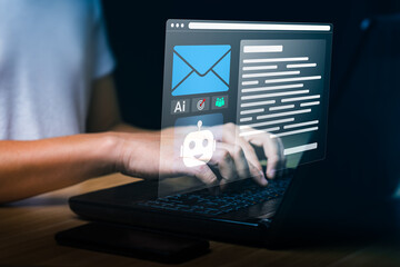 Businessman using laptop with AI-powered email writing assistant, illustrating artificial intelligence automation for smart communication, productivity, and efficient message generation