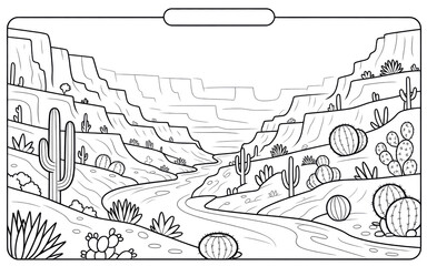 Obraz premium Desert Canyon Coloring Page with Cacti and River Landscape Art