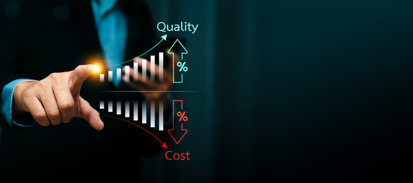 Cost reduction and quality improvement concept with businessman hand pointing at digital chart showing rising quality and declining cost indicators, business strategy for efficiency and productivity - Powered by Adobe