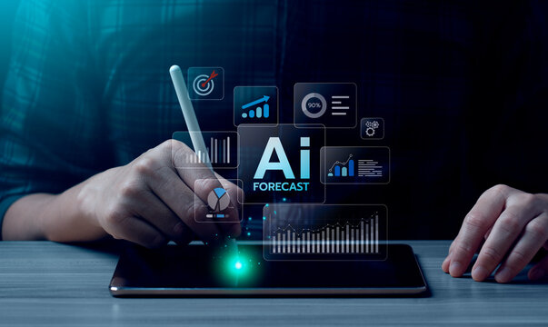 AI-powered business forecast and predictive analytics using digital tablet and stylus pen, futuristic technology interface with data dashboard for financial growth, planning, decision-making strategy