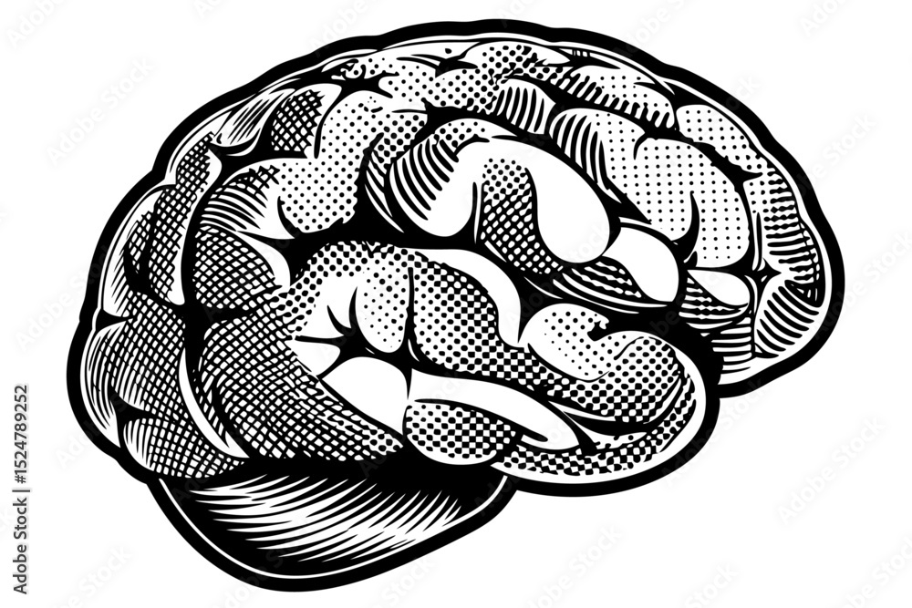 Poster grunge punk style brain design with halftone stipple effect isolated on transparent background