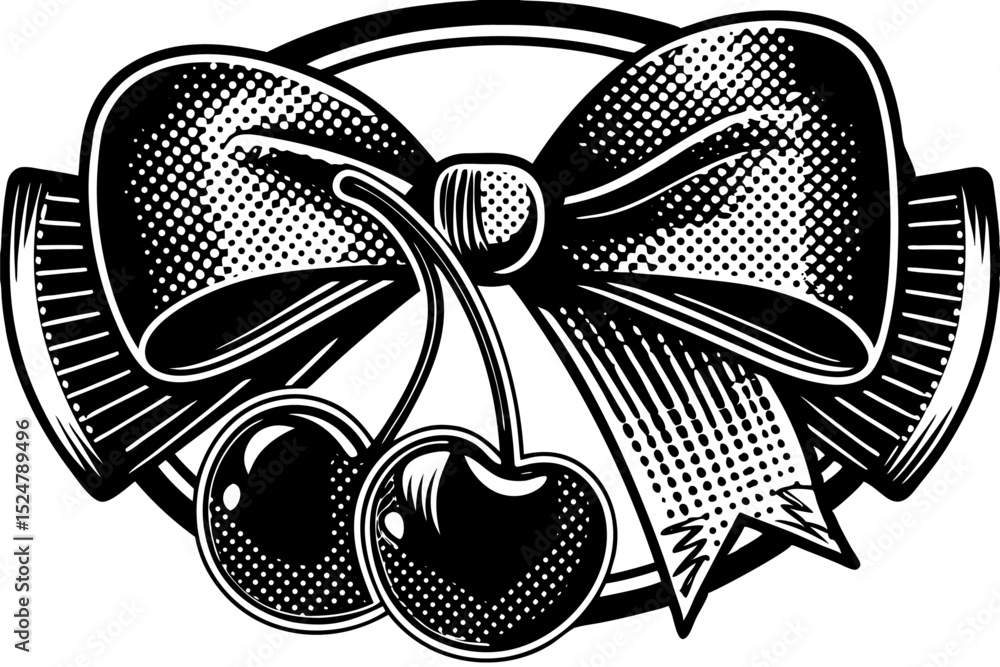 Poster cherry and bow ribbon design with halftone stipple effect isolated on transparent background