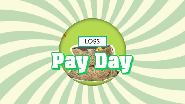 A symbolic image representing "Pay Day," featuring a burlap sack overflowing with US dollar banknotes against a vibrant green and light green striped background. 