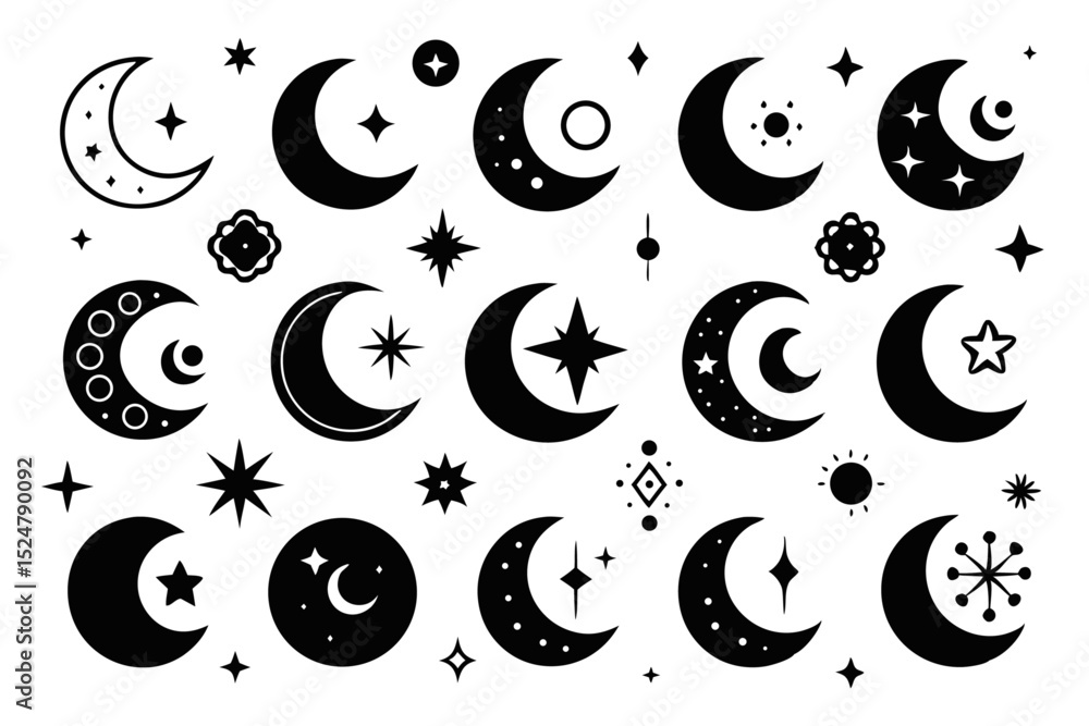Poster crescent moon icon set featuring varied styles isolated on transparent background