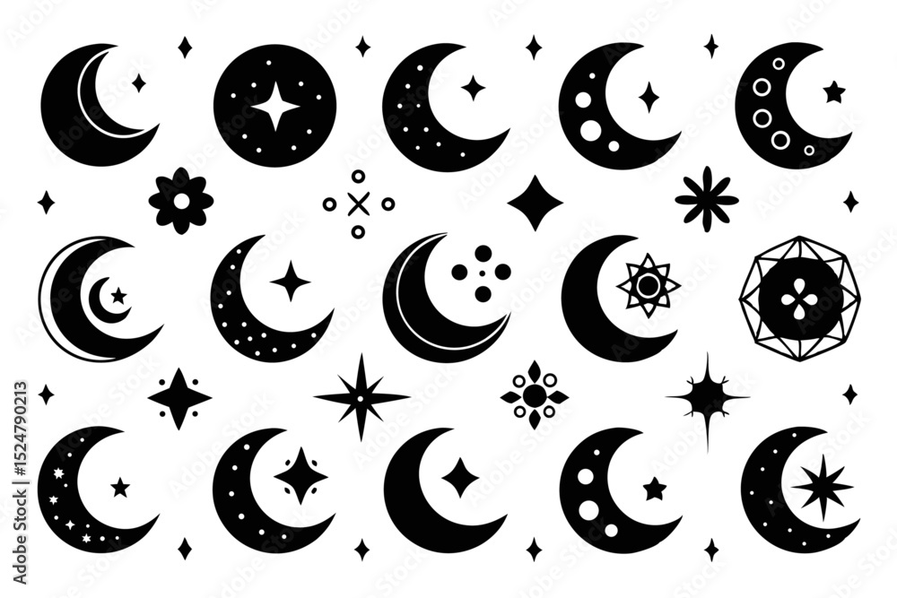 Poster crescent moon icon set collection featuring varied styles isolated on transparent background