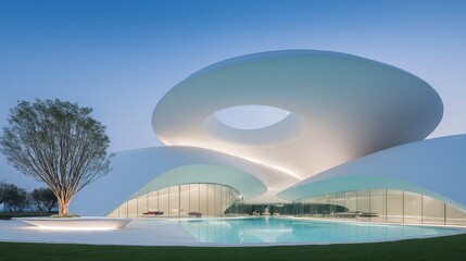 Modern Organic Architecture with Dual Connected Rings &ndash; White Curved Glass Facade, Pool & LED Lighting for Futuristic 3D Visualization