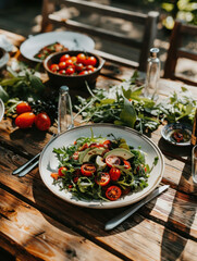 Sunlit avocado and tomato salad rustic summer food photography
