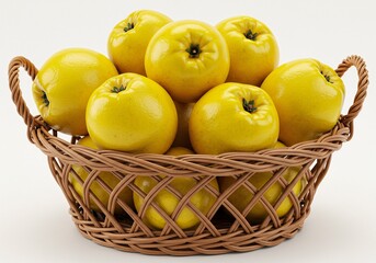 Basket overflowing with bright yellow apples on a clean white background