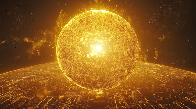 A bright yellow sphere emitting light against a dark background creating a stunning visual impact.