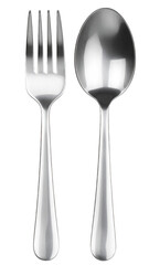 realistic stainless steel spoon and fork mockup, top view, isolated on transparent background, high detail