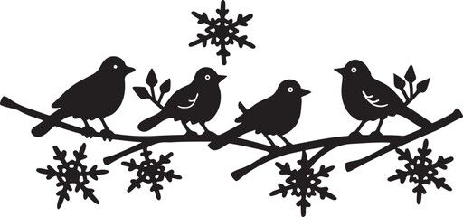 Cute cartoon birds, a loving couple, silhouette on a winter branch, illustrate the beauty of nature and wildlife