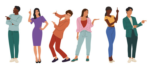 Set of full-length vector illustrations of diverse people pointing side and up, showing directions, presenting products and services, isolated on transparent background for marketing and business use