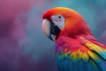 Obraz premium A colorful parrot with a black beak and red feathers