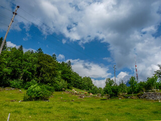 Switzerland, Meiringen, a person flying a kite while standing on a lush green field