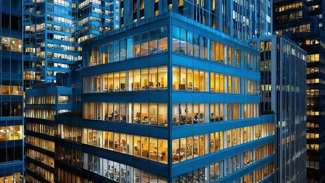 Cityscape's Illuminated Heart: A mesmerizing image captures a modern skyscraper's illuminated windows at dusk. The glow of artificial light emanates.