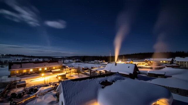 Nighttime Serenity, Snowy Village Illuminated Under a Starry Winter Sky