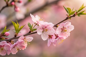 Obraz premium Delicate Pink Cherry Blossoms Blooming on a Branch in Springtime Symbolizing Renewal and Beauty with a Soft and Dreamy Aesthetic