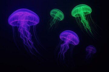 Obraz premium An Underwater Scene Where Jellyfish Glow in Neon Purple and Green Against a Deep Blue Background – Enchanting Visualization for Artistic Realism