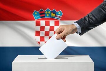 A Croatian Voting Process Male Hand Inserts Ballot Paper with Croatian Flag Backdrop