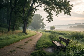 Fototapeta premium Foggy Morning Landscape with Winding Path and Bench Serene Nature Scene in Greens and Browns Peaceful and Tranquil