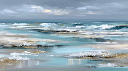 Obraz premium Abstract seascape painting with waves crashing on the shore under a cloudy sky in tranquil blues