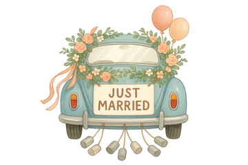 Joyful Wedding Car with Floral Decor PNG