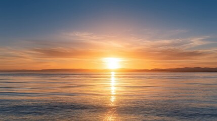 Golden Sunset Over Calm Ocean with Sun Reflection
