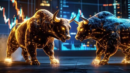 Aggressive digital bull and bear confronting each other against stock market chart background showcasing fierce trading competition - Powered by Adobe