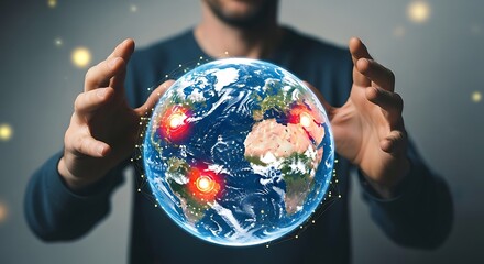 Holding Earth Globe with Red Spots in Hands Global Issues Concept