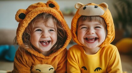 Two children in animal costumes, laughing heartily