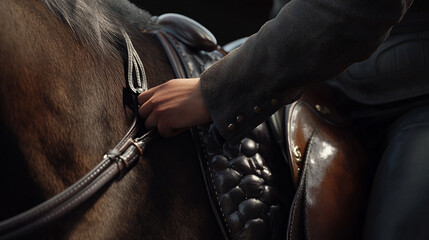 Hyper realistic 3D close-up of a rider adjusting the bridle before a competition, focusing on leather textures, stitching details, 