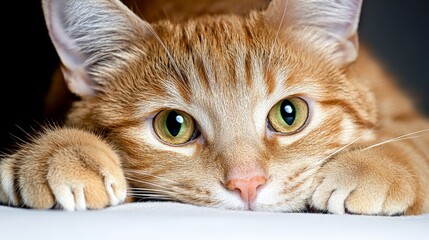 Close-up of an orange tabby cat with green eyes lying down and looking directly at the camera