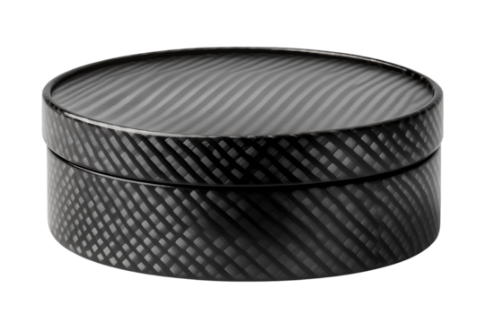  Black carbon fiber round box with lid, on a white background.