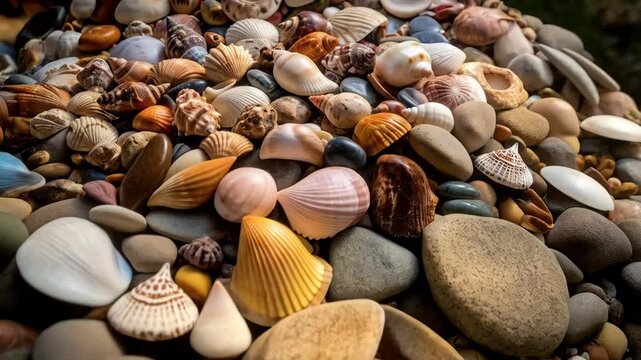 Abundant assortment of various textured seashells, ranging in size and color, alongside smooth pebbles on a brightly illuminated surface.