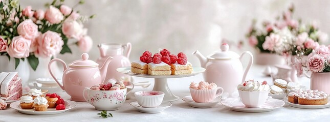 Elegant afternoon tea setup with floral decor and pastel tones on white table

