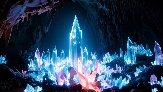 Luminous crystals illuminate a subterranean cave system featuring water reflections and unique mineral formations in the deep darkness.